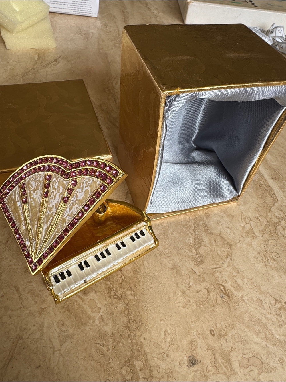 Gold-tone Jeweled Mini Piano Trinket Box